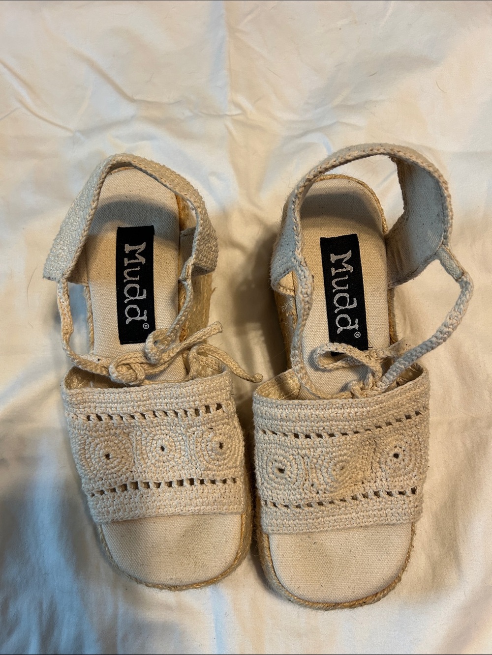 Vintage Mudd Cream Crochet Espadrille Wedge Sandals with Ankle Tie